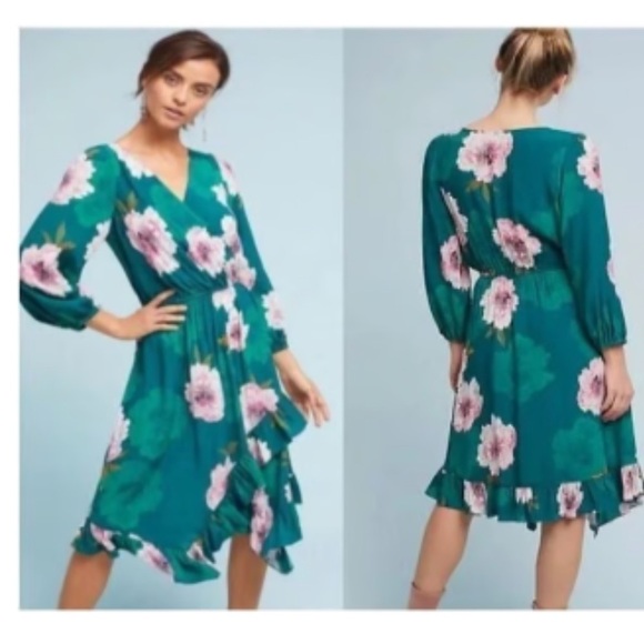 Anthropologie Green Floral Ruffle Trim Dress - Picture 4 of 6